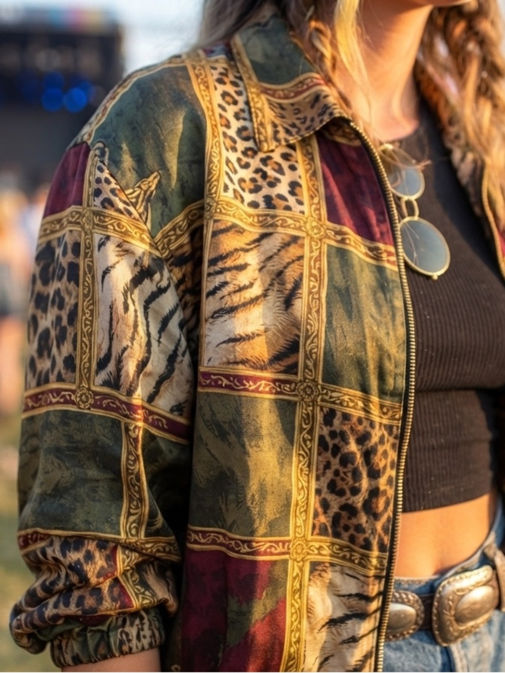 Vintage 100 percent silk Green Patchwork Animal-Print Bomber Jacket